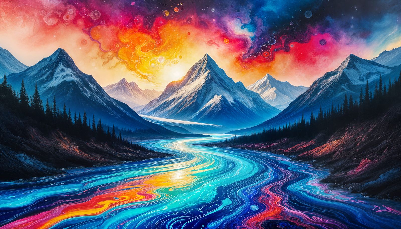 Psychedelic Glacier River with Iridescent Oil Slick