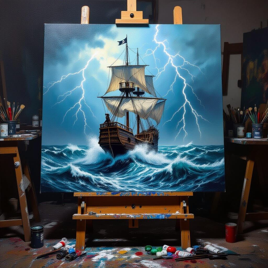 Pirate Ship Battle Oil Painting in Stormy Seas