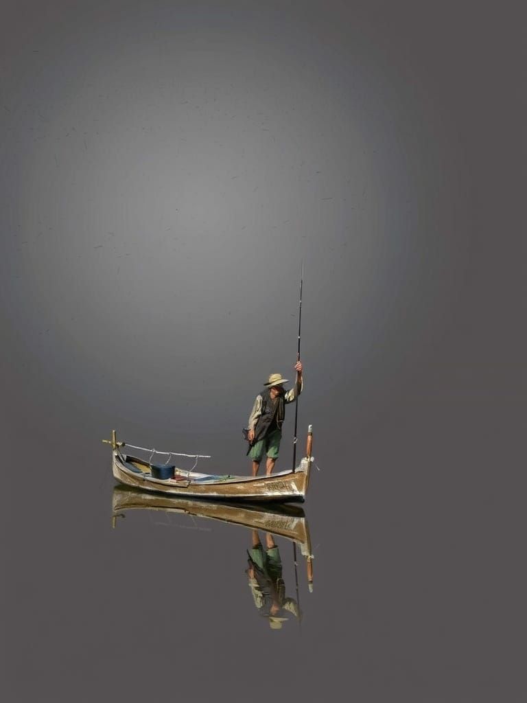 Serene Fisherman on a Calm Lake in a Traditional Style