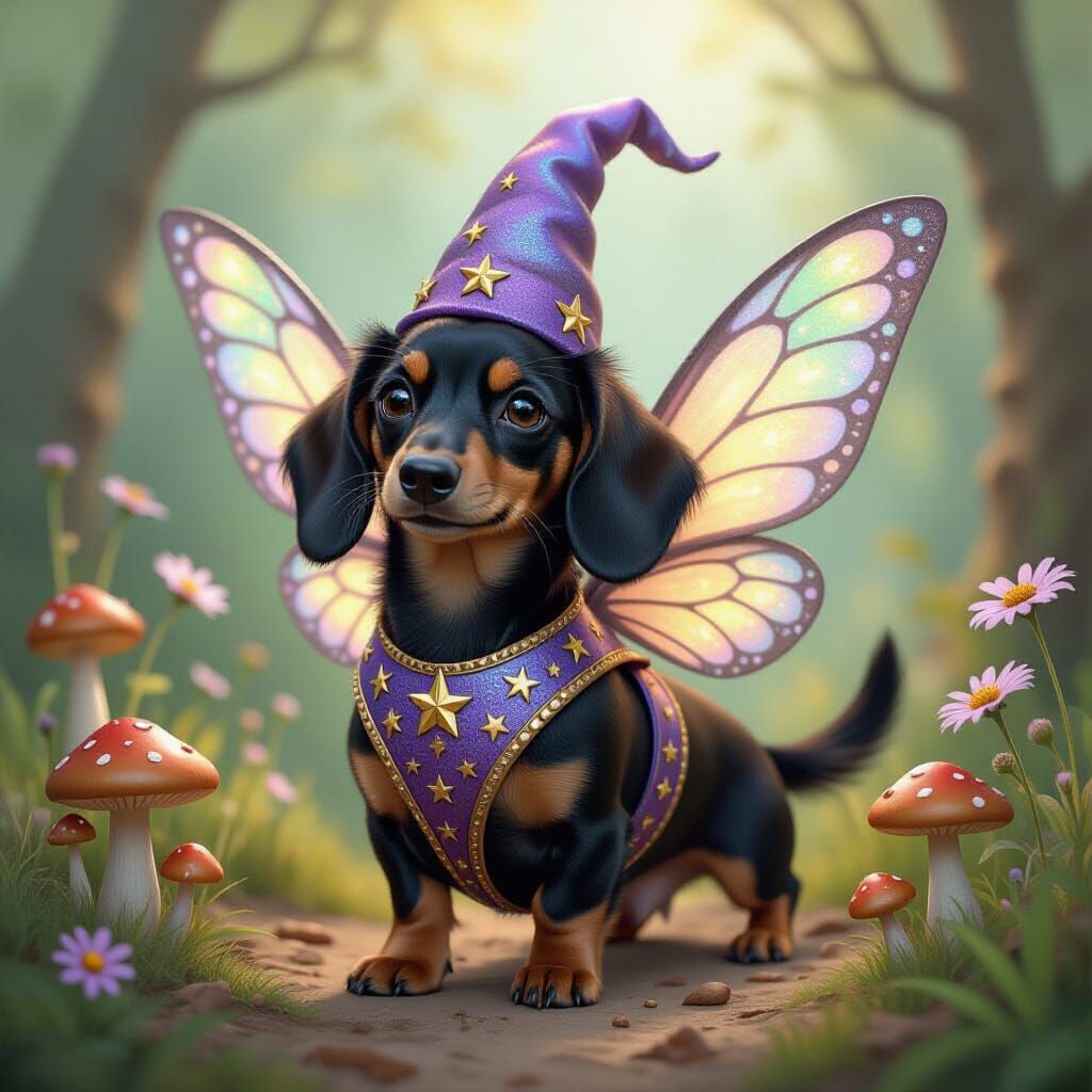 Dachshund Fairy with Starry Vest and Hat