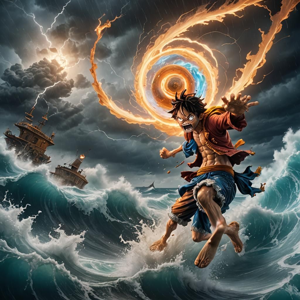 Luffy's Gum Gum Gatling in Stormy Seas