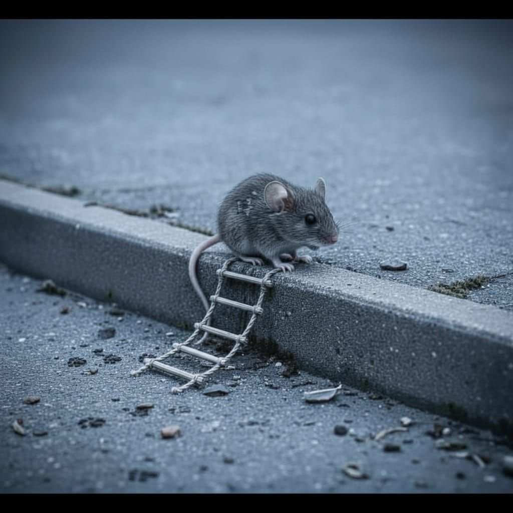Tiny Mouse Triumphs on Curb in Minimalist Pen Drawing