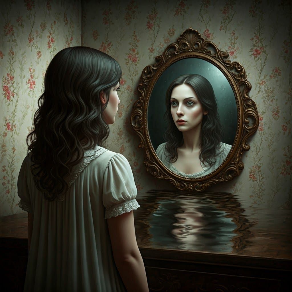 Unsettling Woman in Ornate Mirror, Surrealist Image