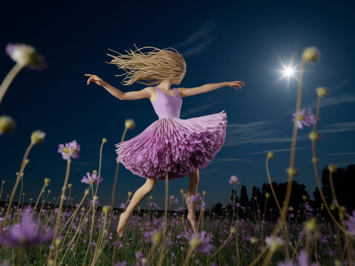 Dancing Flower Woman Figure Under Starry Night Sky