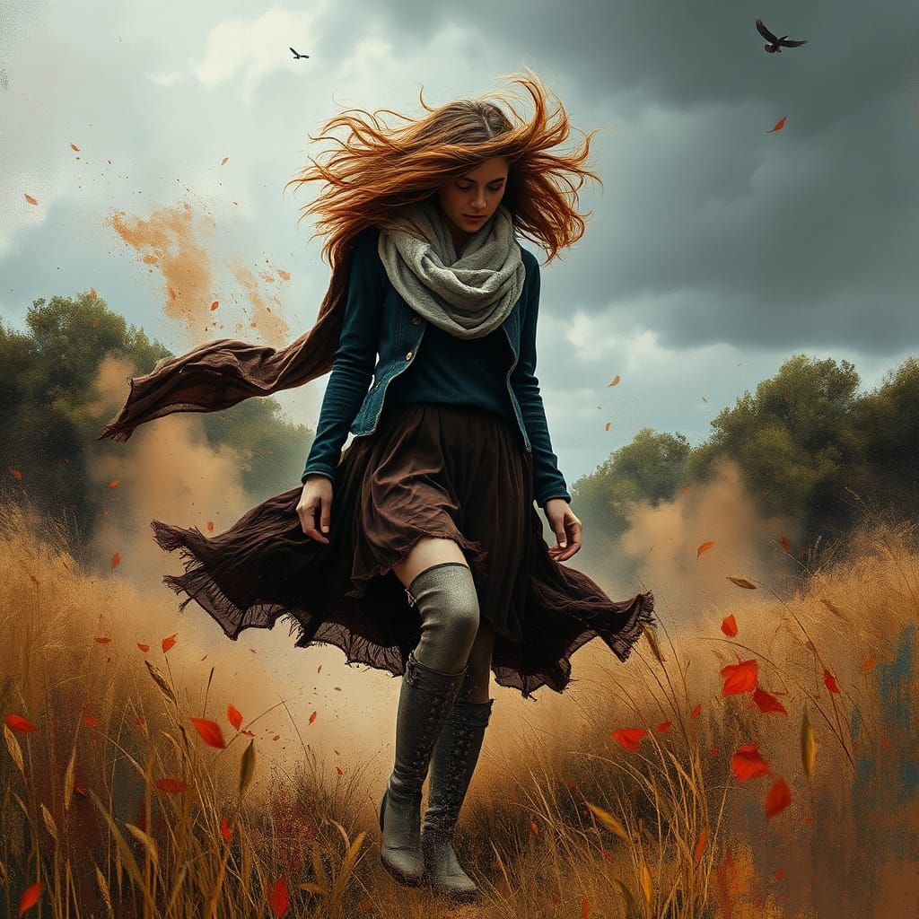 Woman Against Tempestuous Wind in Abstract Expressionism