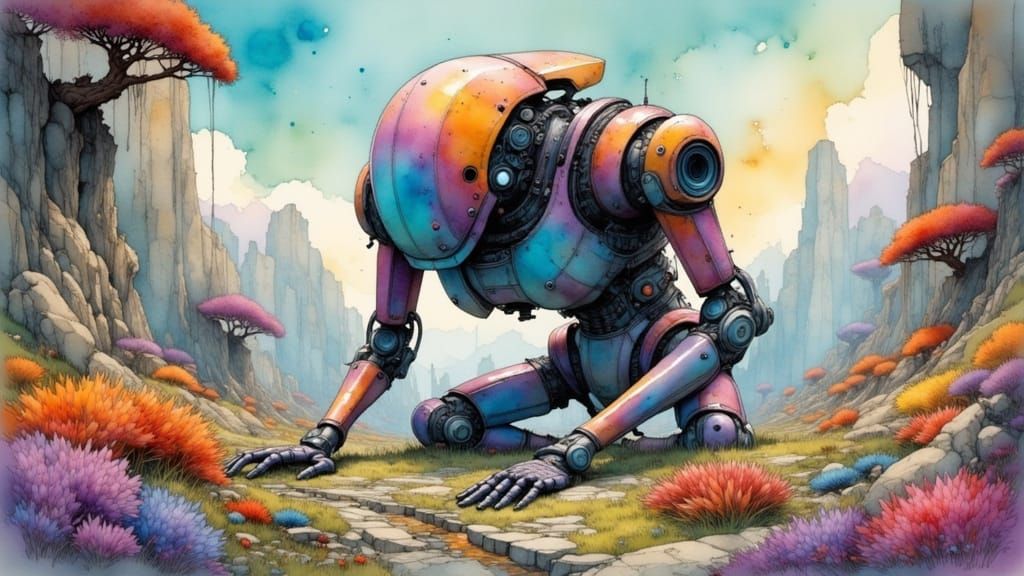 Robot Gardener in an Alien Watercolour Garden