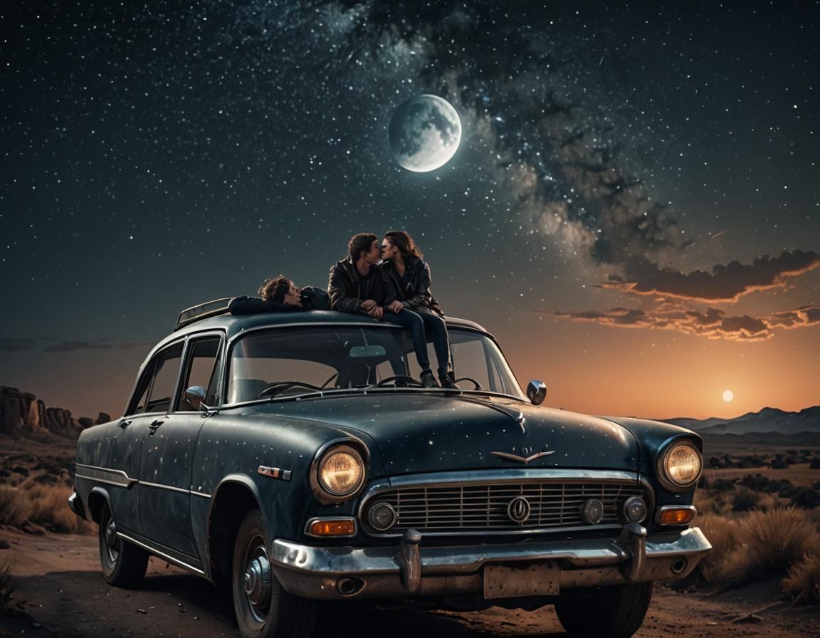 A young man and a young women sit close to each other on the hood of an old car, the radio inside is blasting out "Night...