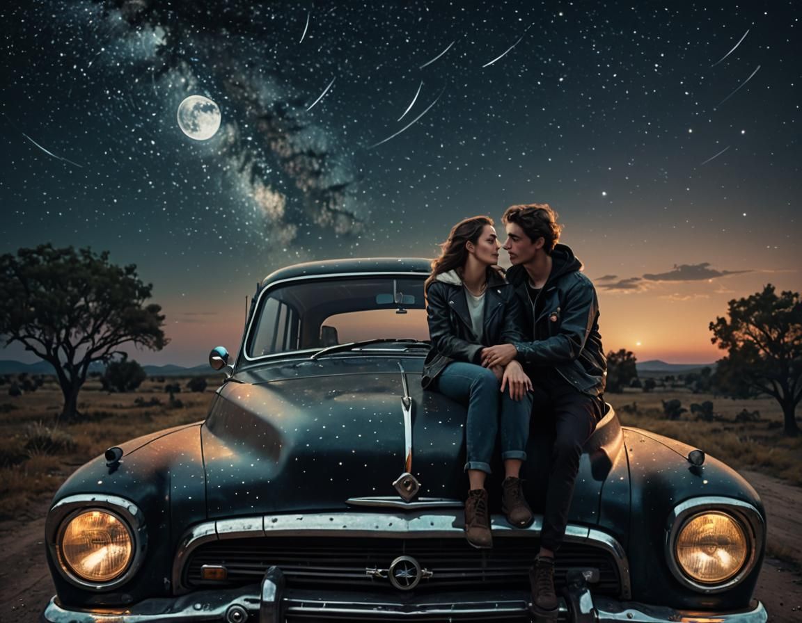 A young man and a young women sit close to each other on the hood of an old car, the radio inside is blasting out "Night...