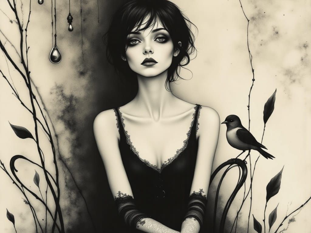 Moody Ink Portrait of a Contemplative Woman in Simple Attire