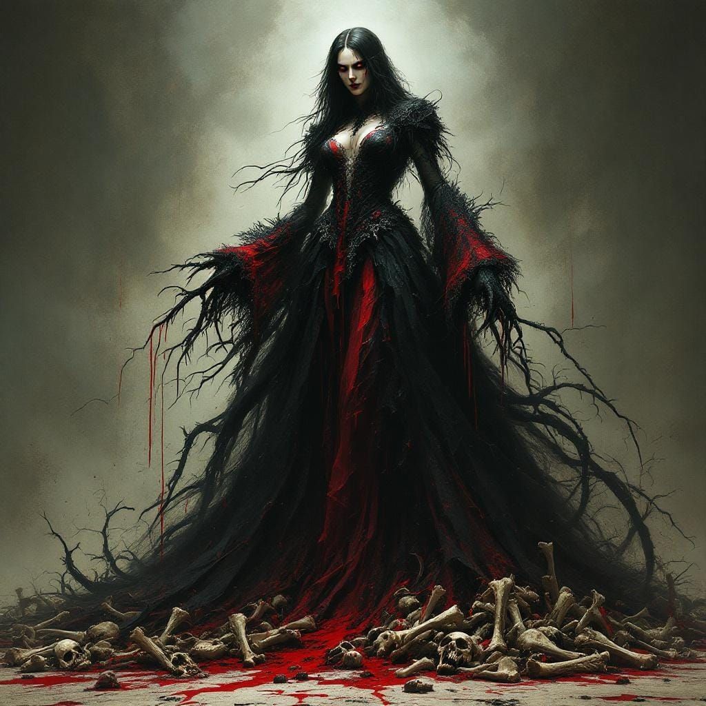 Fearsome Woman on Bone Mound in Gothic Style