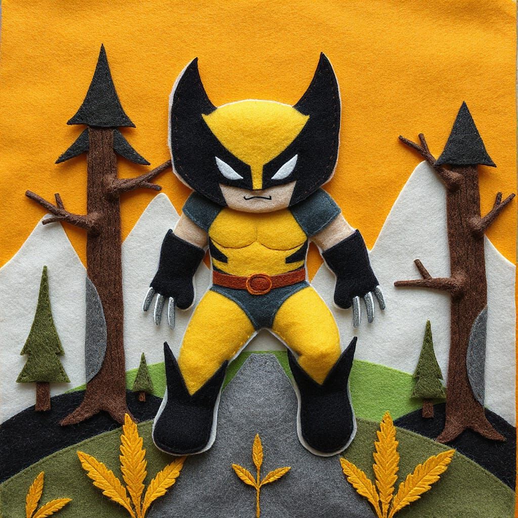 Fuzzy Felt Wolverine in 3D Forest Scene
