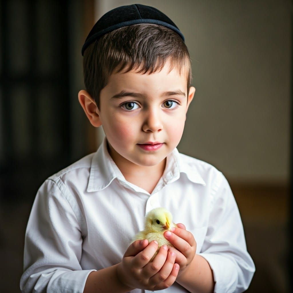 Haredi Boy Tenderly Holds Adorable Yellow Chick in Tradition...
