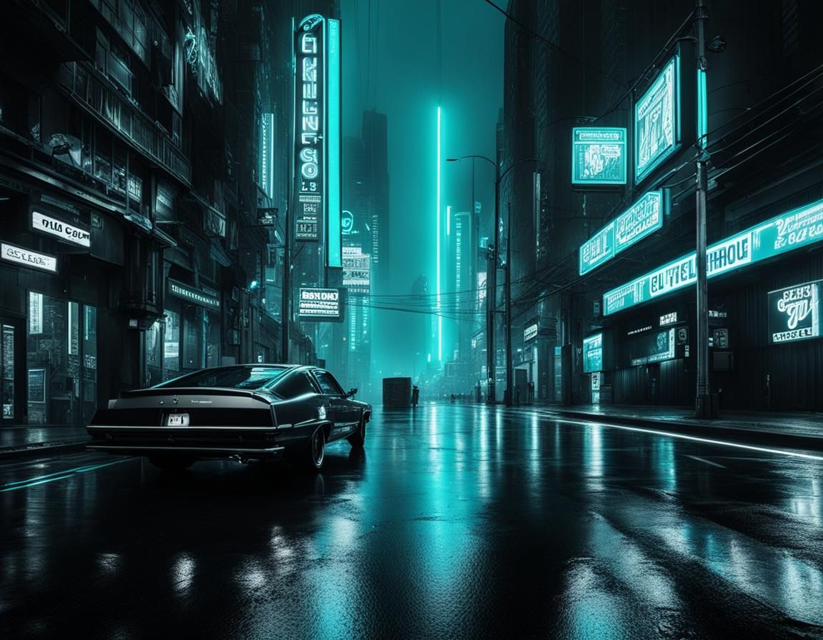 Cyberpunk Cityscape with Cyan Neon Sign in Rain
