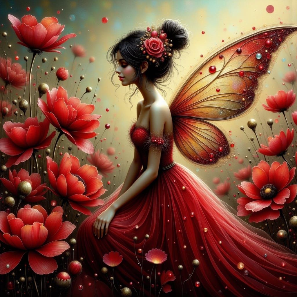 Ethereal Flower Fairy in Poppy Field: Art Nouveau Style