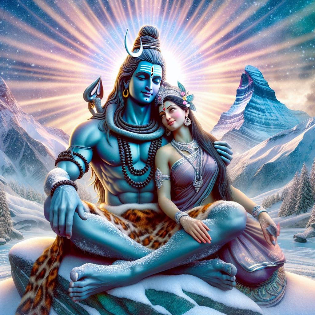 Shiva and Parvati Embrace on Kailash Mountain in 3D