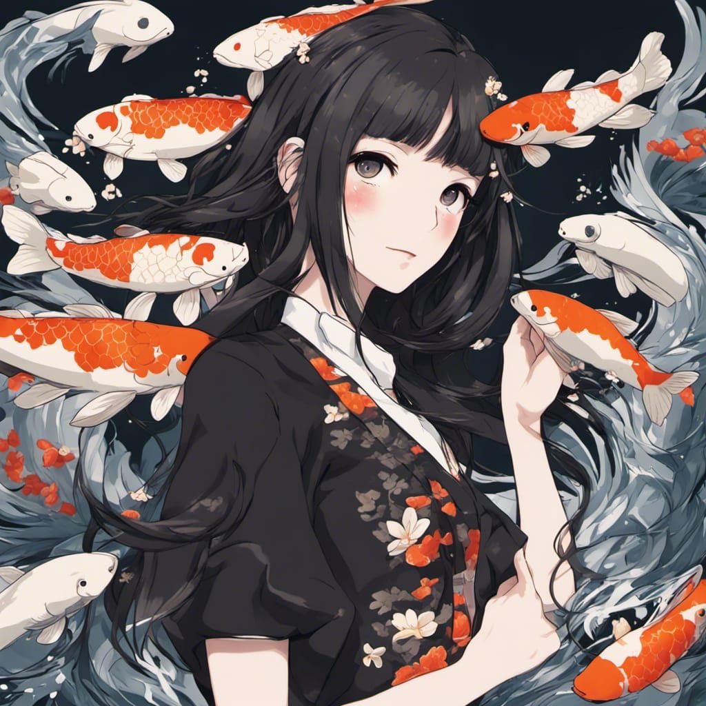 Anime Style Woman with Koi Fish Pattern