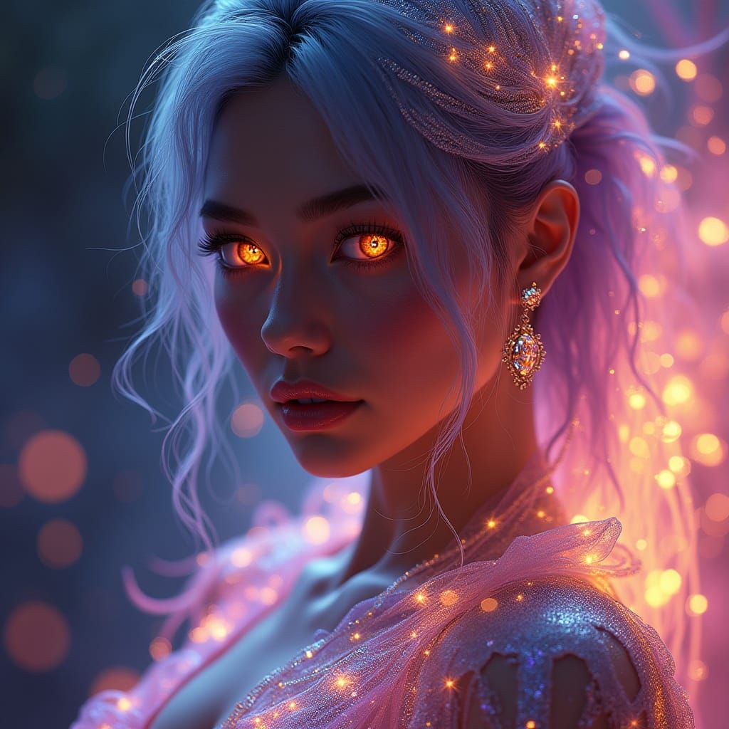 Glowing Cyberpunk Goddess in Iridescent Gown