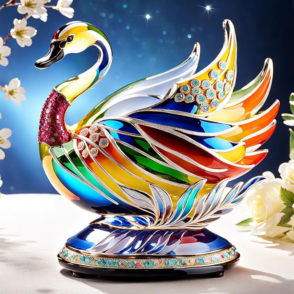 Enameled Glass Swan Figurine with Floral Details