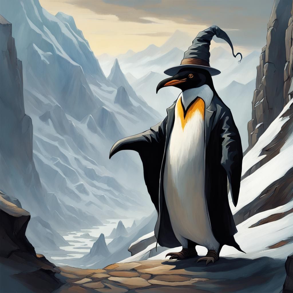 Penguin Wizard's Mountain Journey: Fantasy Art