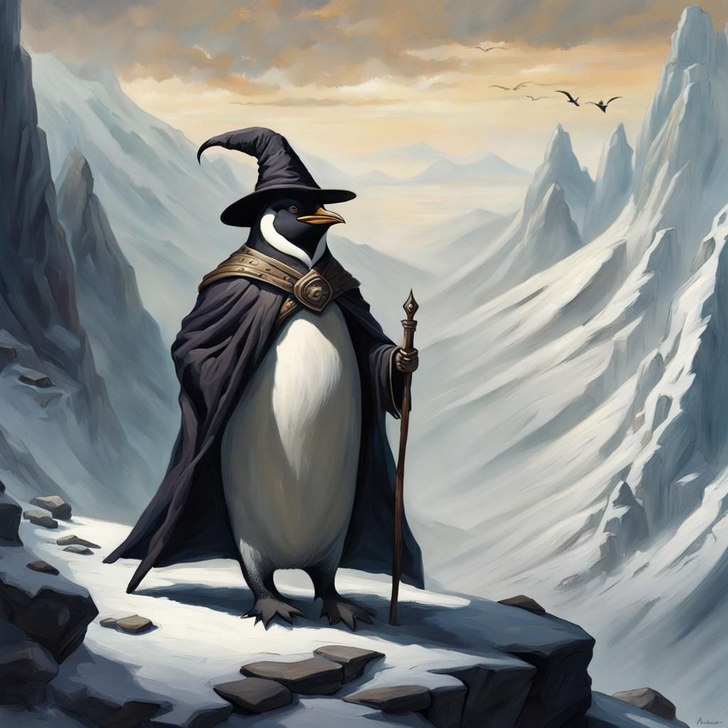 Penguin Wizard's Mountain Journey: Fantasy Art