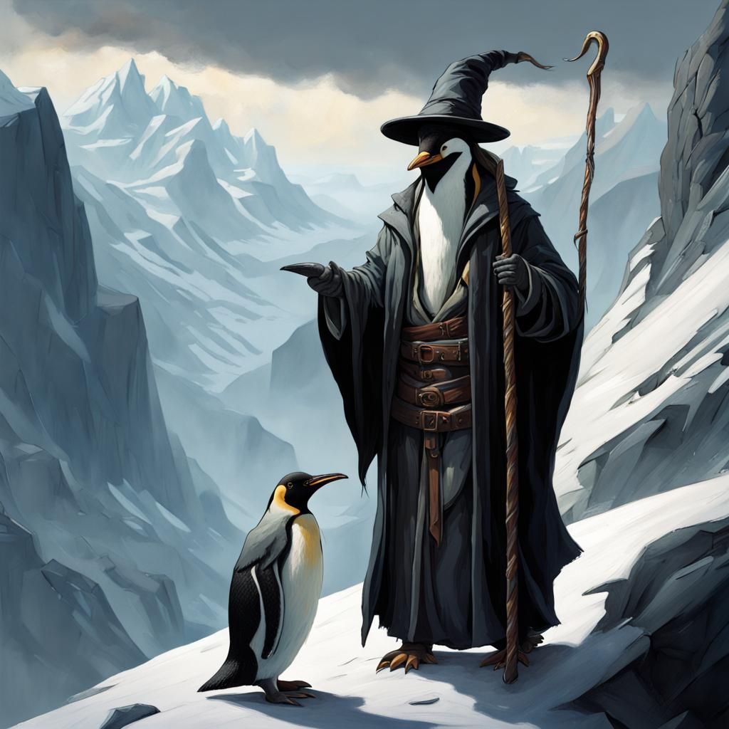 Penguin Wizard's Mountain Journey: A Fantasy Art