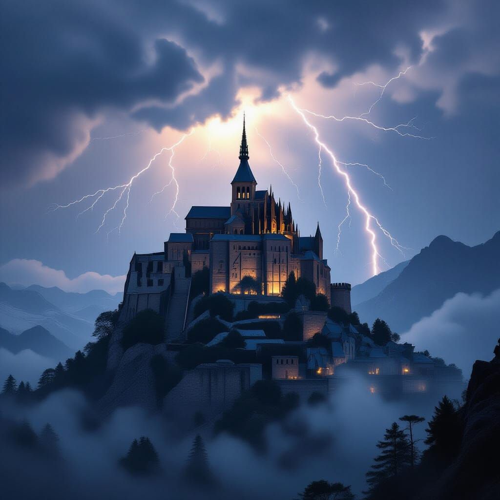 Medieval Castle on Mountain Peak in Stormy Sky