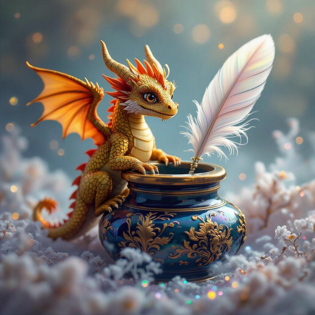 Golden Dragon Guarding Quill: Gothic Romantic Close-Up