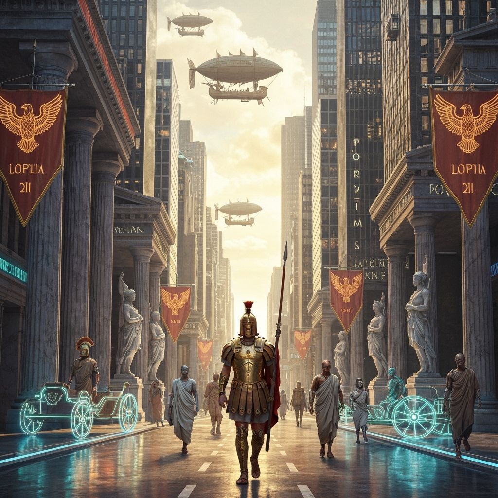 Roman Legionary in Futuristic City, in Cyberpunk Style