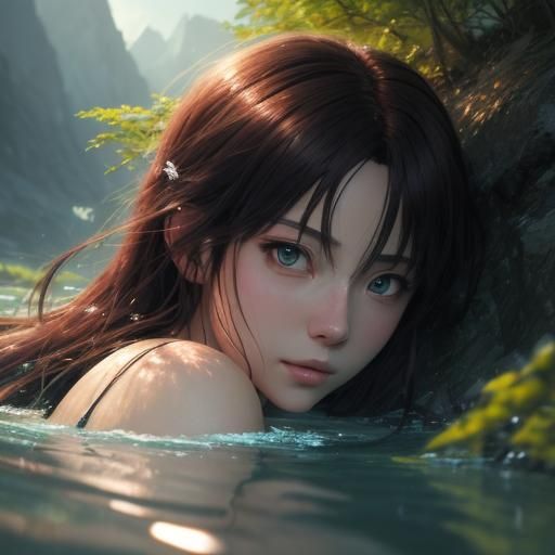 Anime Girl Submerged in Mountain Lake: Ghibli Style