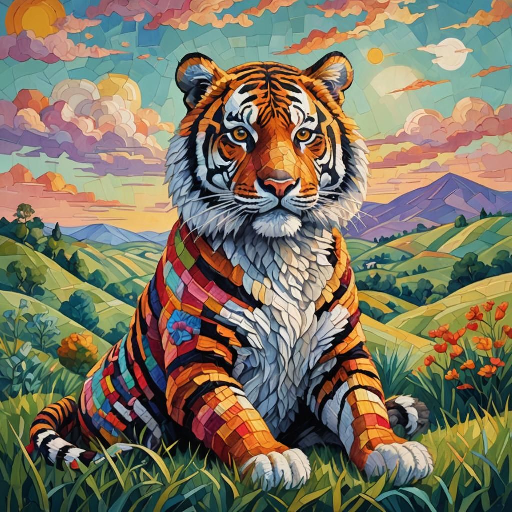 Knitted Patchwork Tiger in Fauvist Oil Painting