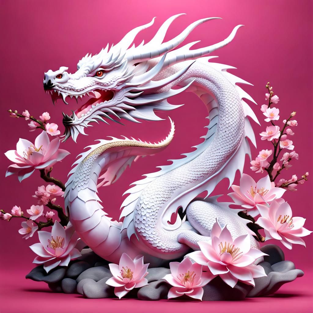 Majestic White Dragon in Pink Floral Scene