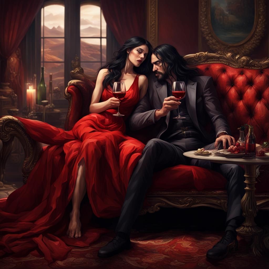 Woman in Red Dress with Unconscious Man, Detailed Painting