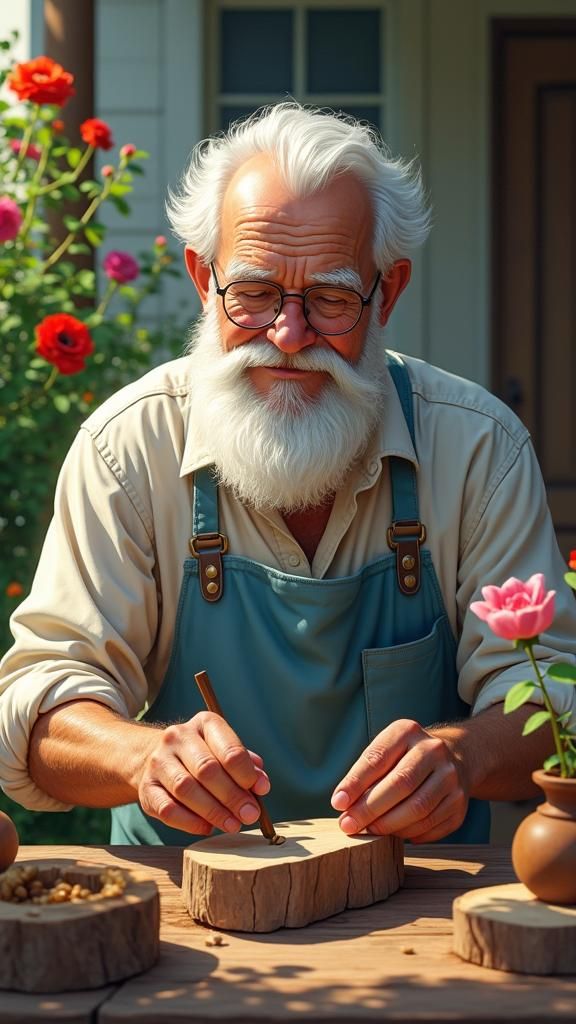 Hyperrealistic Wood Carver in Lush Garden