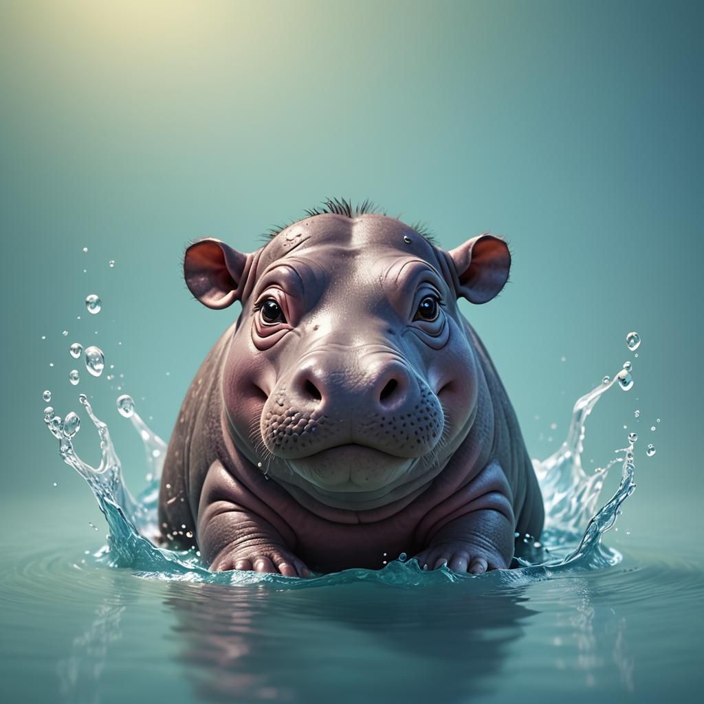 Adorable Baby Hippo in Water: 3D Digital Art