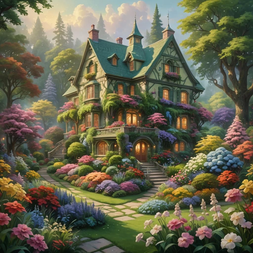 Dreamy House in Lush Garden as Oil Painting