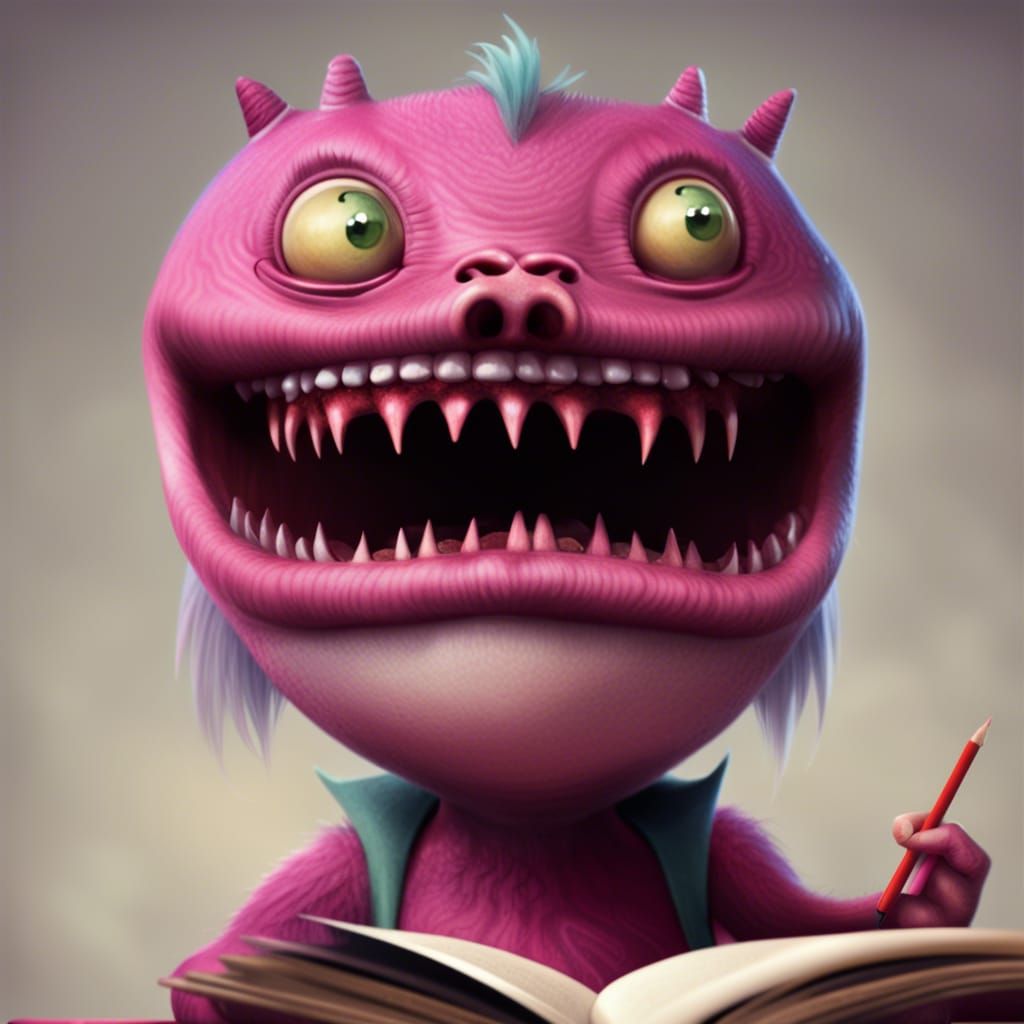 Cute Monster Student in Classroom, Digital Art