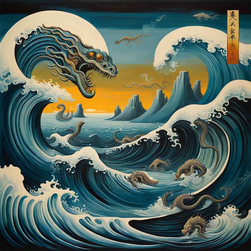 Ukiyo-e Seascape with Sea Monsters in Surreal Style