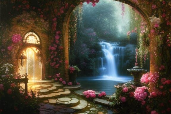 Fantasy Gazebo in Magical Woods with Waterfall
