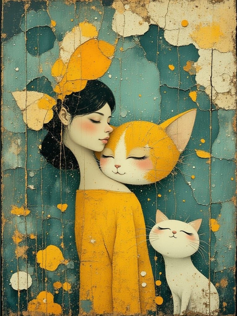 Smiling Fairy and Happy Cat in Divine Oil Style