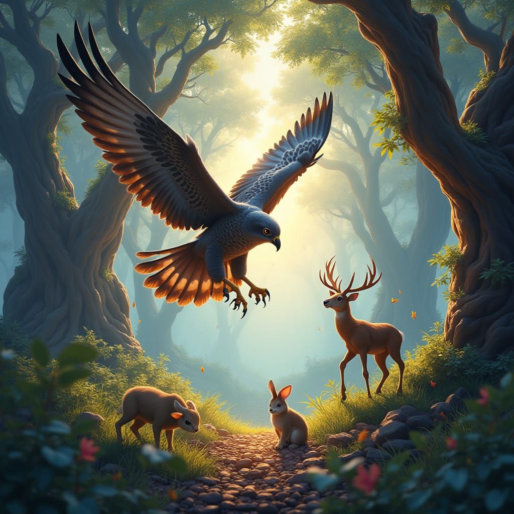 Majestic Falcon Attacks Rabbit and Deer in Vibrant Forest
