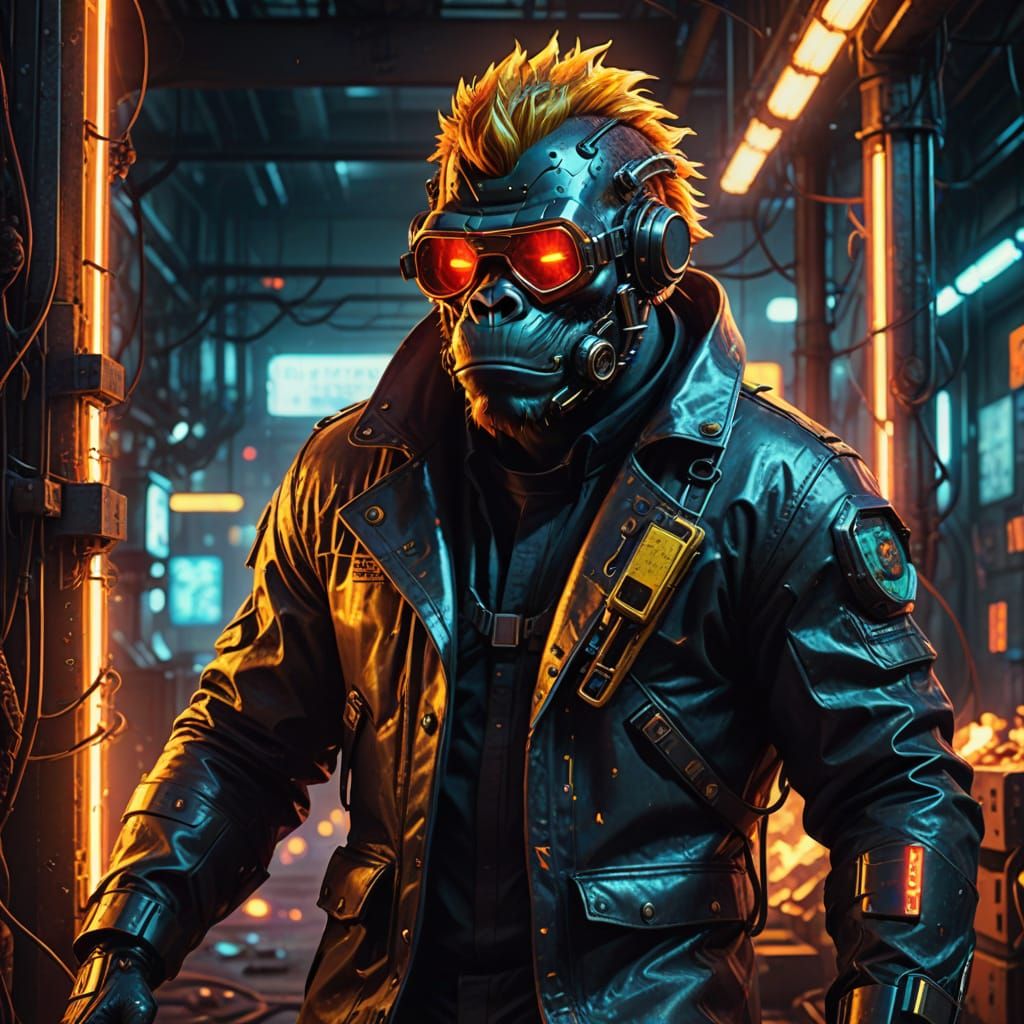Cyberpunk Welder Gorilla in Dystopian Setting