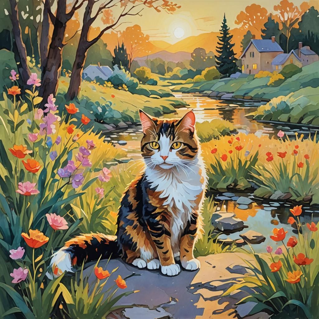 Whimsical Cat Gouache Painting in Dreamlike Landscape