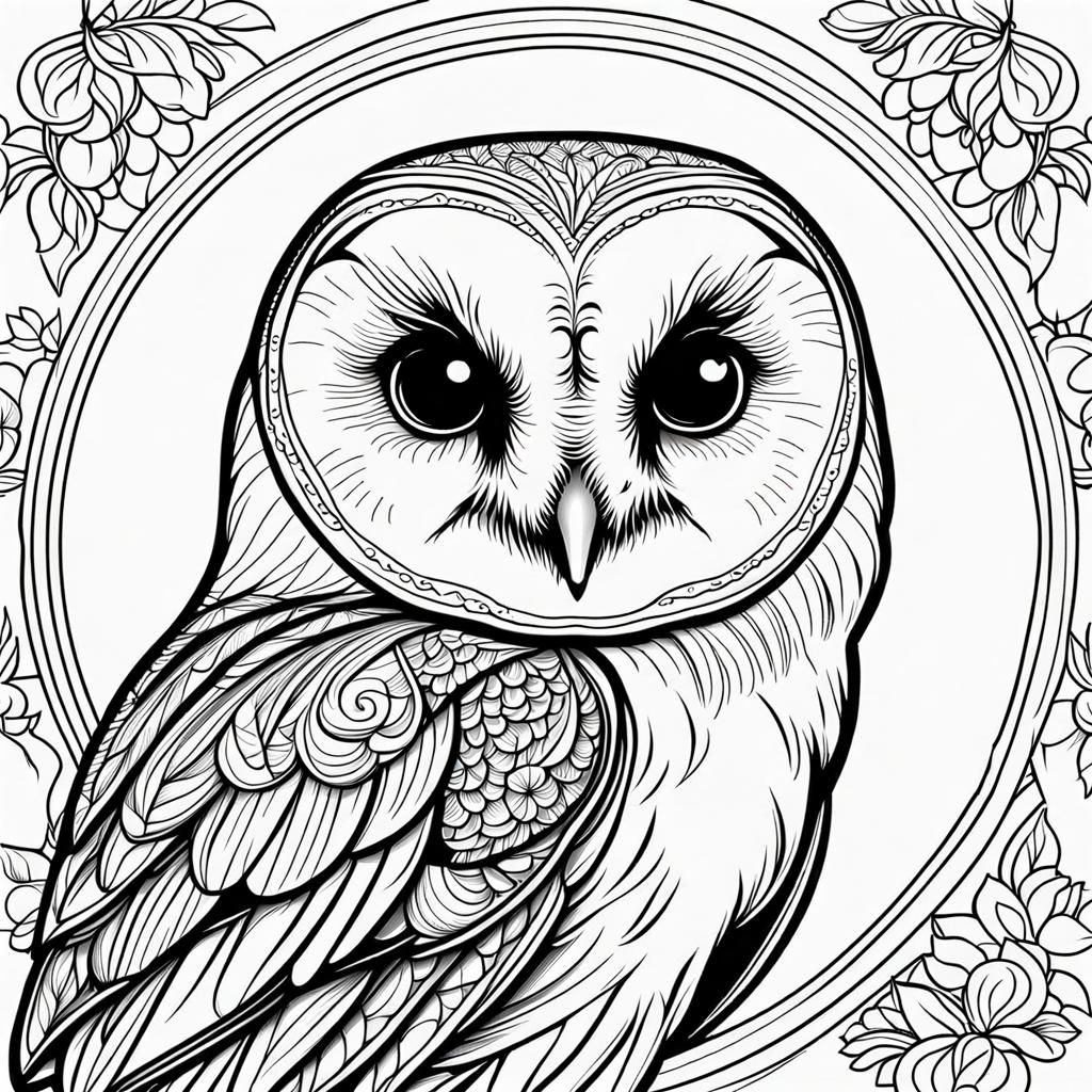 Fluffy Barn Owl in Detailed Line Art Drawing
