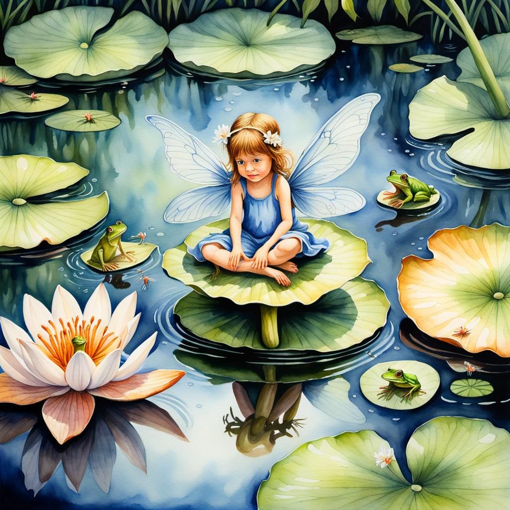 Vibrant Watercolor Fairy with Frog on Lily Pad