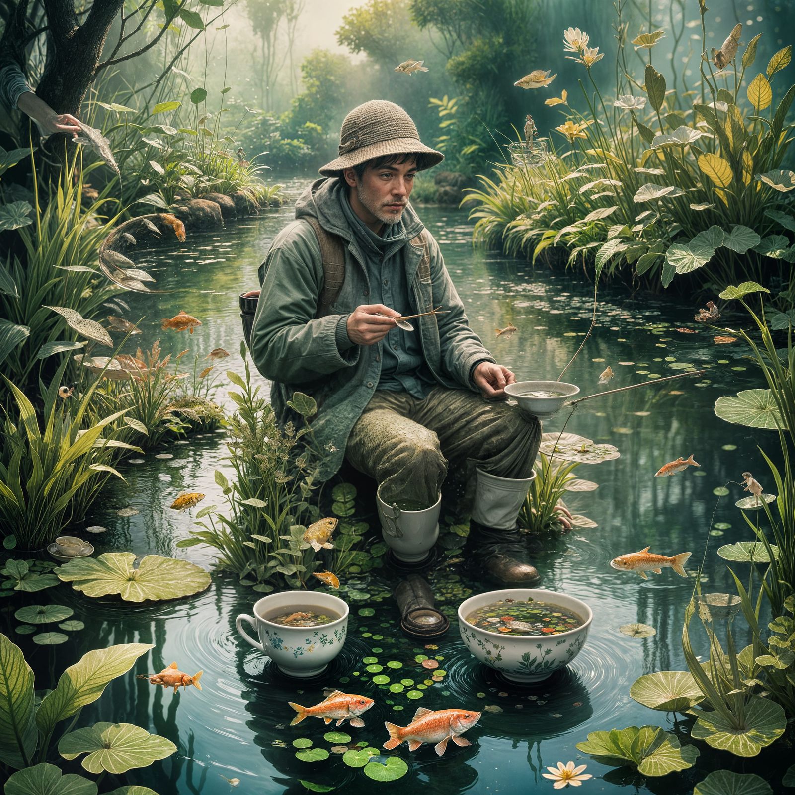 Pointillist Fisherman Angling from a Teacup