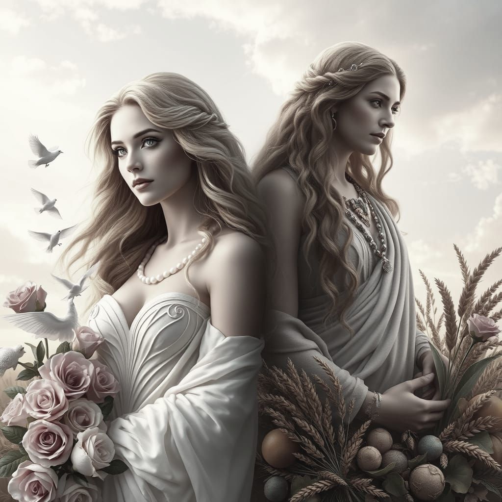 Goddesses of Love and Harvest in Ethereal Harmony