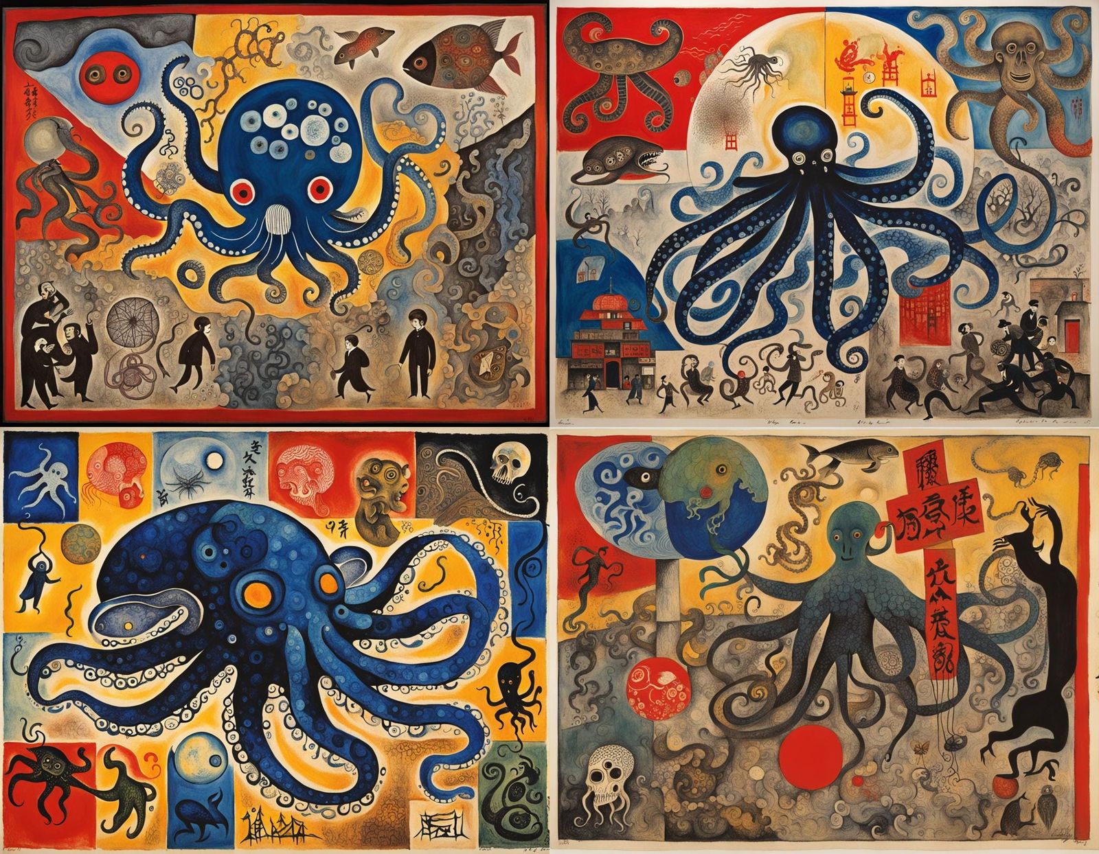 Grotesque Hybrid Creature in Woodblock Bauhaus Style