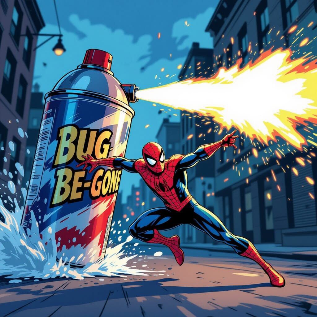 Spiderman Dodges Giant Insect Spray in Comic Art Style