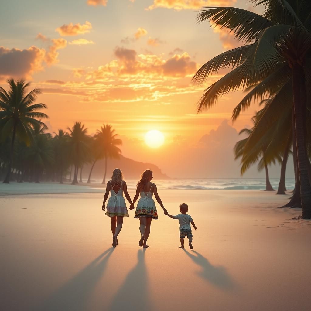 Tropical Beach Sunset: Women and Child Stroll