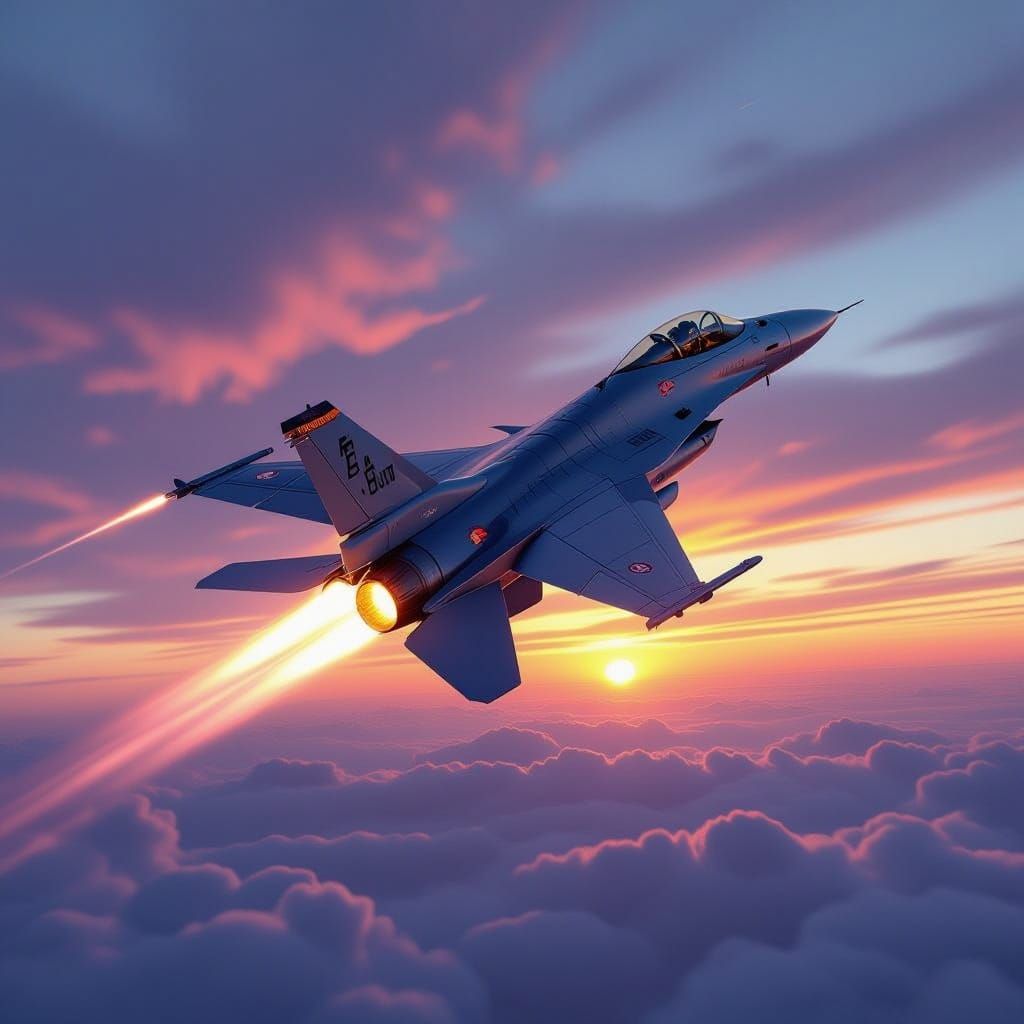 F-17 Fighter Jet Soaring at Sunset